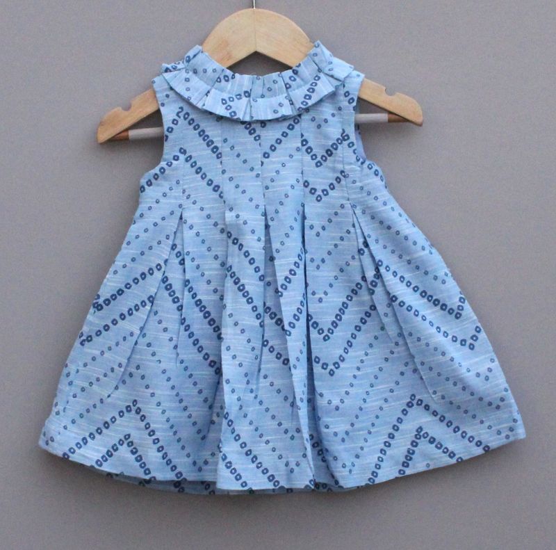 Light Blue Printed Sleeveless Pleated Frock for Girls