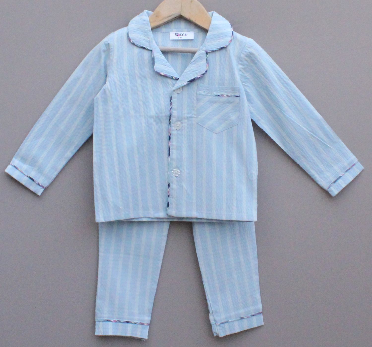 Light Blue Striped Cotton Night Suit for girls