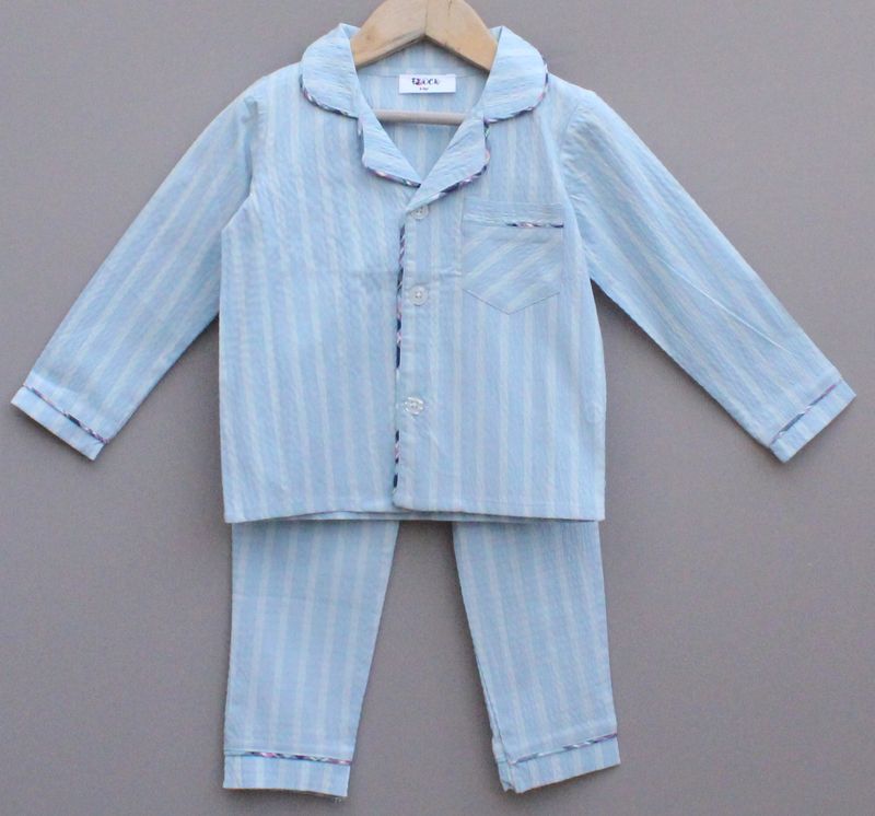 Light Blue Striped Cotton Night Suit for girls