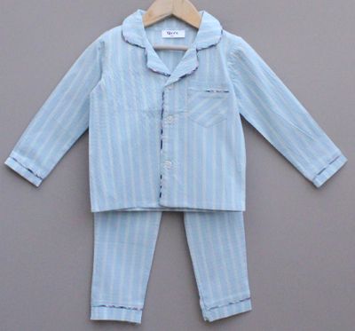 Light Blue Striped Cotton Night Suit for girls