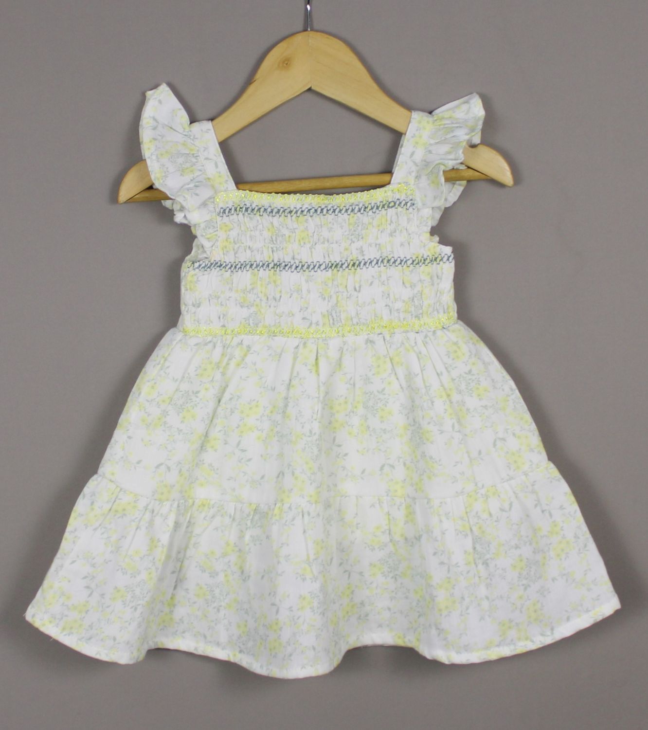 Girls Yellow Floral Cotton Smocked Dress
