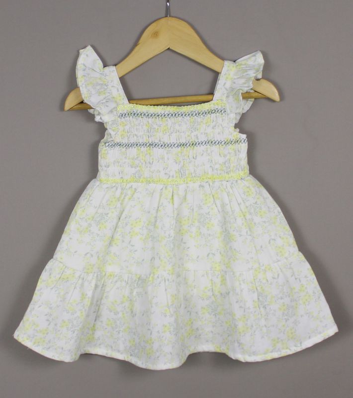 Girls Yellow Floral Cotton Smocked Dress
