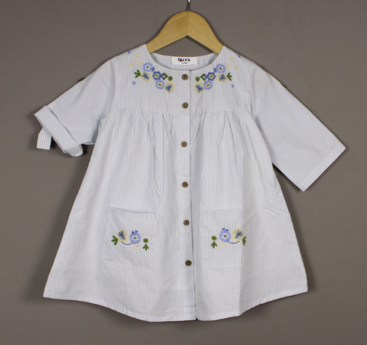 Light Blue Striped Cotton Dress – Embroidered Button-Down Frock