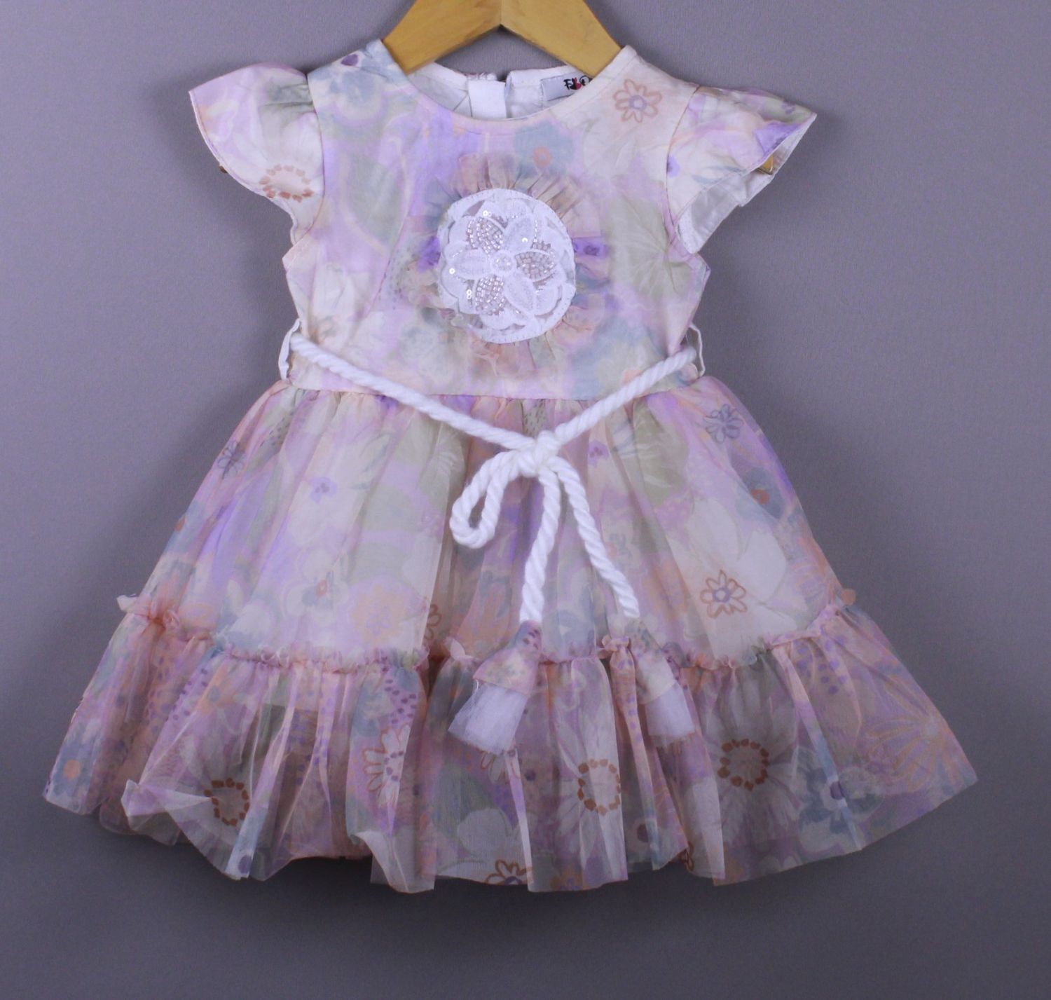 Pastel Floral Net Frock with Rope Belt and Lace Appliqué for Girls