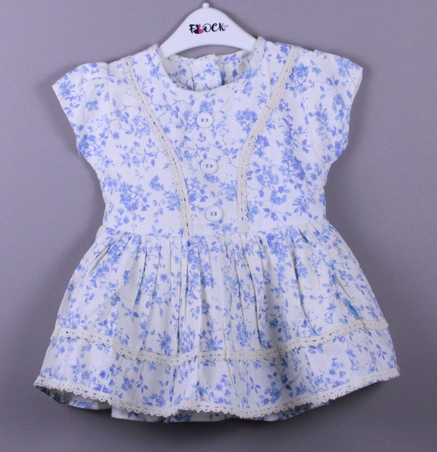 Blue Floral Printed Cotton Frock with Lace Detailing