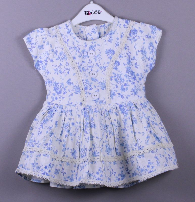 Blue Floral Printed Cotton Frock with Lace Detailing
