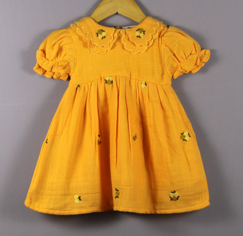 Bright Yellow Embroidered Cotton Baby Girl Dress