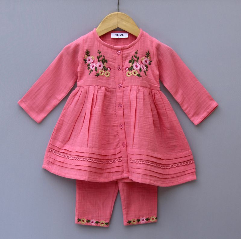 Peach Floral Embroidered Cotton Kurti &amp; Pant Set for Girls