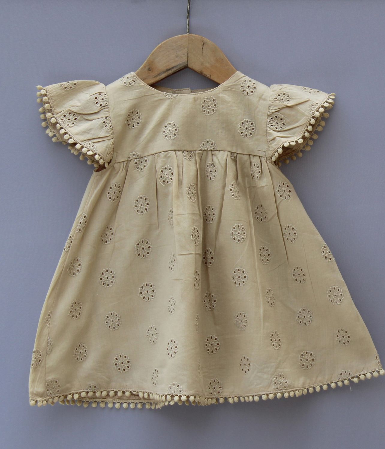 Beige Cotton Embroidered Baby Dress