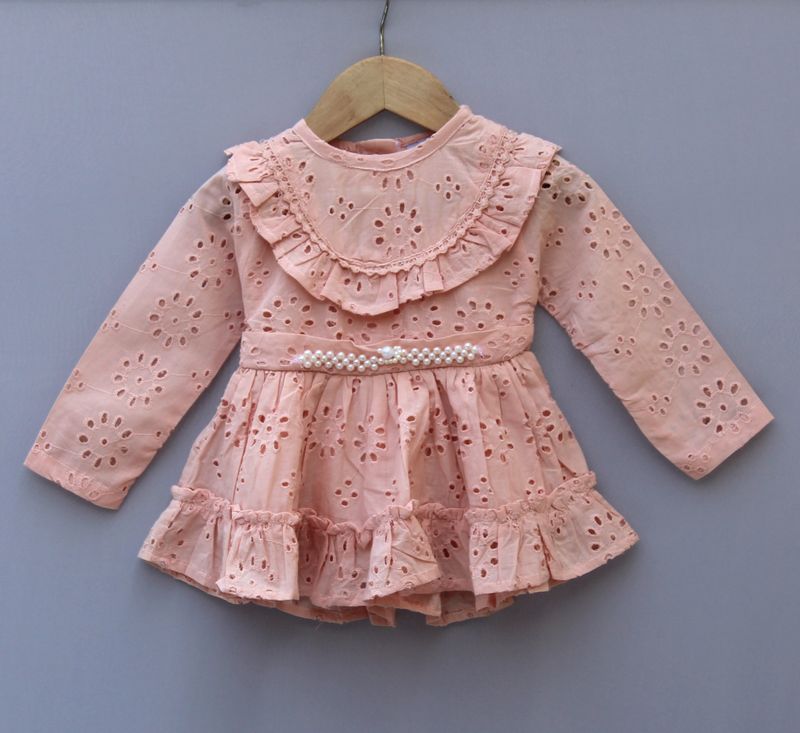 Peach Eyelet Embroidered Cotton Frock with Pearl Waist Belt