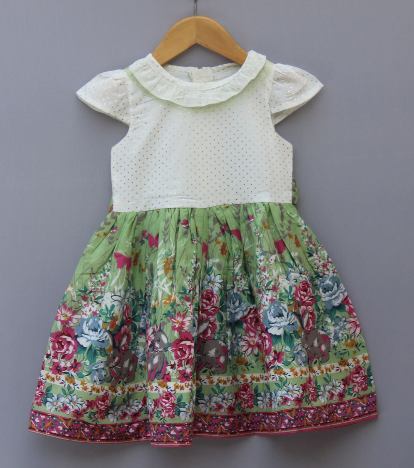 Green Floral Printed Party Dress for Baby Girls