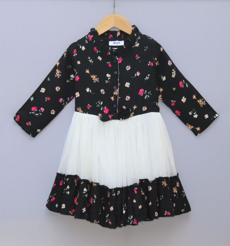 Black Floral &amp; White Layered Party Frock for Girls