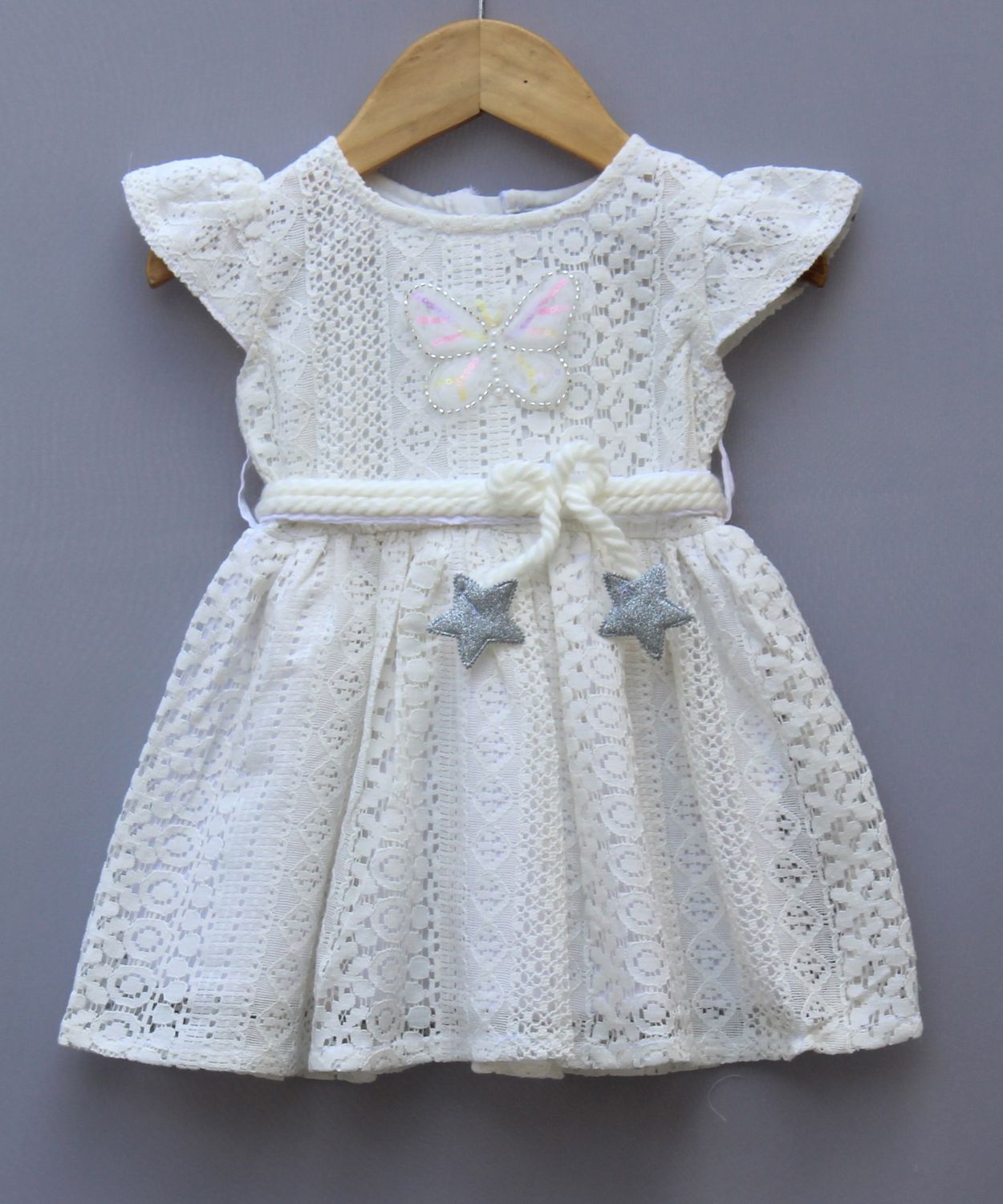 White cream Lace Party Wear Frock for Girls | Elegant Butterfly &amp; Star Design