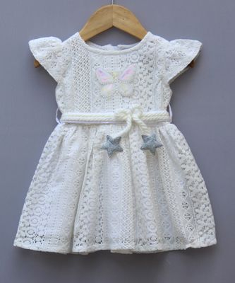 White cream Lace Party Wear Frock for Girls | Elegant Butterfly &amp; Star Design