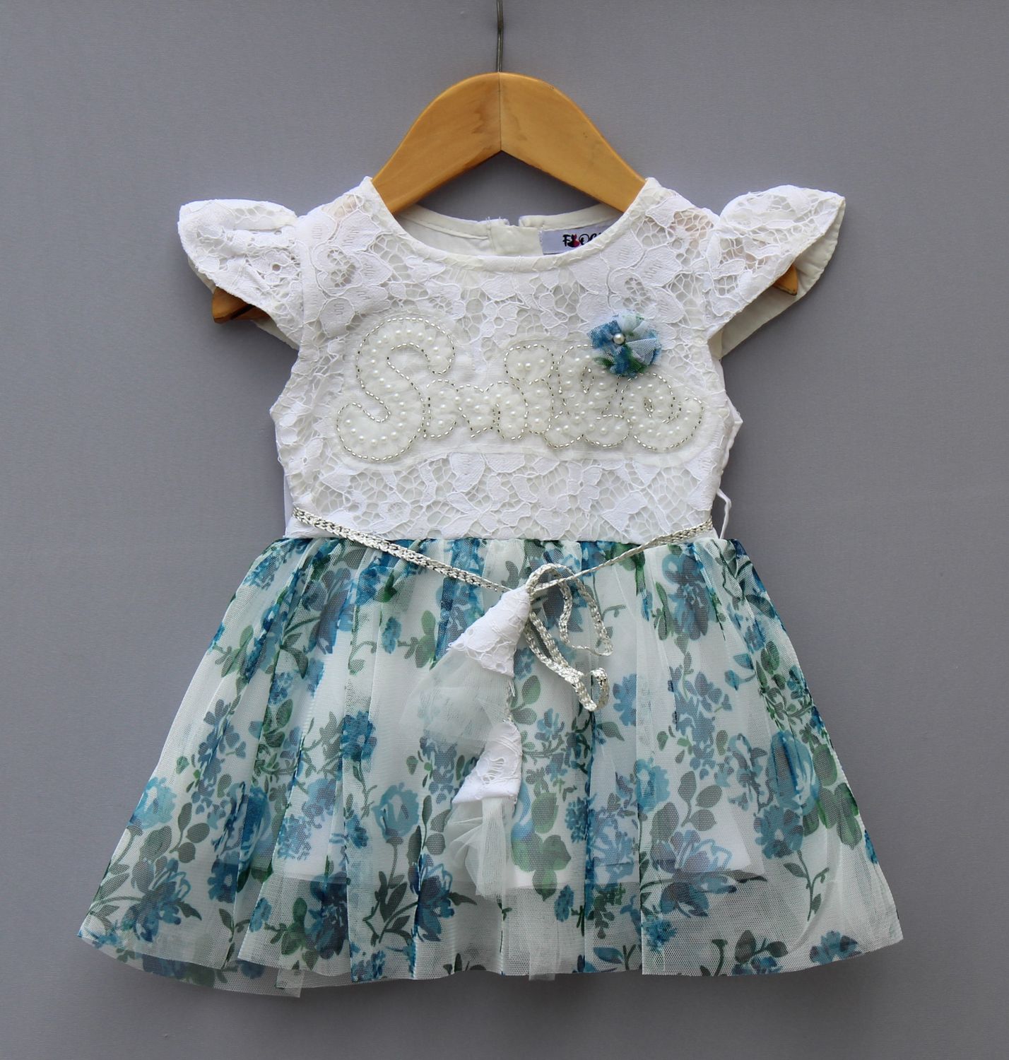 ​White &amp; Blue Floral Lace Party Frock for Girls