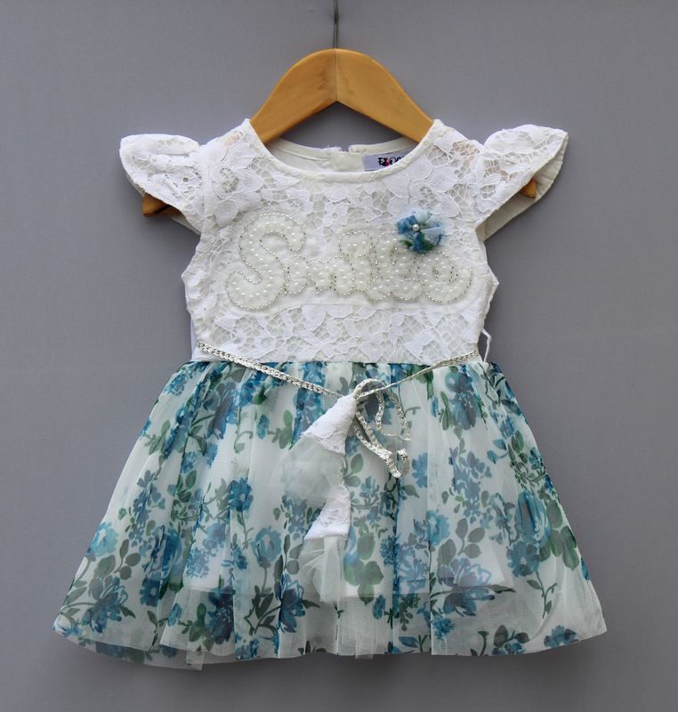 ​White &amp; Blue Floral Lace Party Frock for Girls
