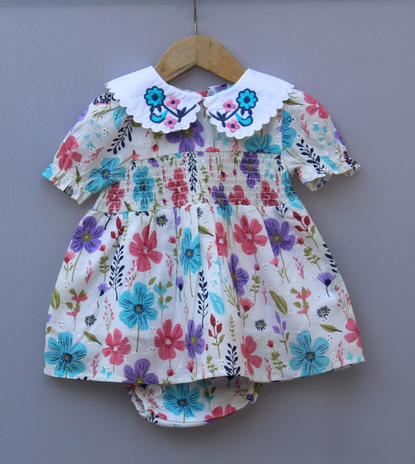 Floral Printed Cotton Frock with Embroidered Collar