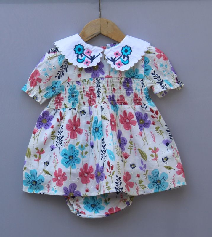 Floral Printed Cotton Frock with Embroidered Collar