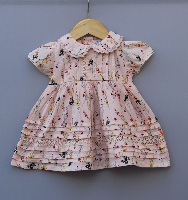 Peach Floral Printed Cotton Frock for Baby Girls | Lace Detailing &amp; Peter Pan Collar.