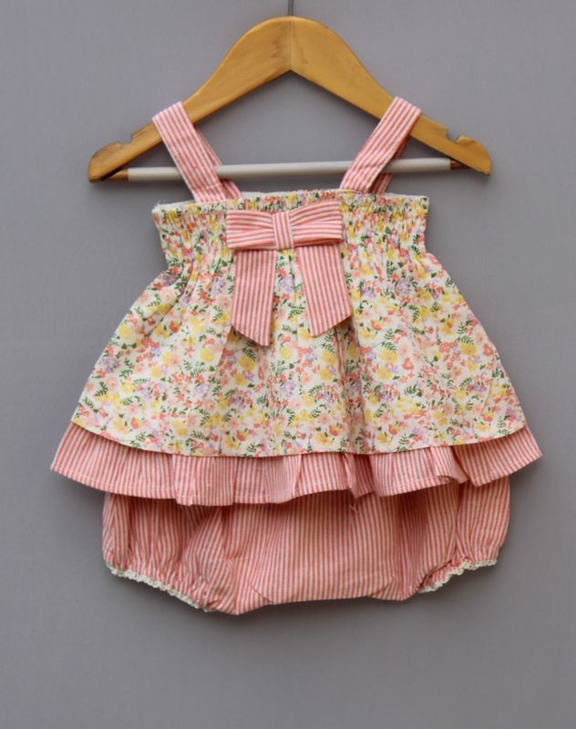 Floral Printed Cotton Top with Striped Bloomer Set for Baby Girls