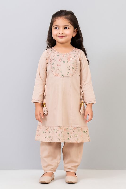 Elegant  nut-brown Embroidered Kurta with  Payjama Set for Baby