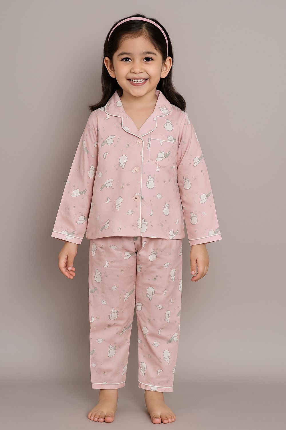 Pink Printed Cotton Night Suit for Girls