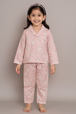 Pink Printed Cotton Night Suit for Girls