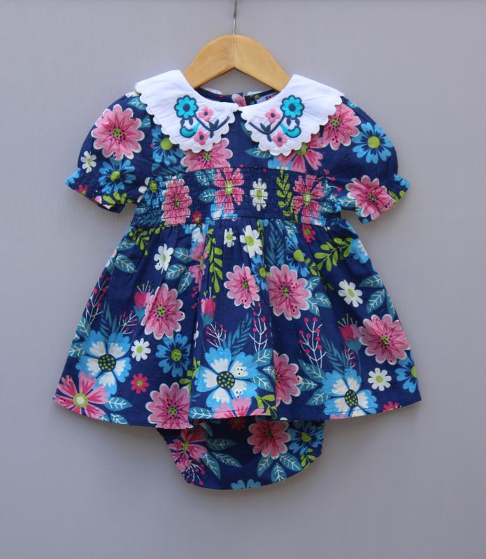Navy Blue Floral Printed Cotton Baby Frock with Embroidered Collar