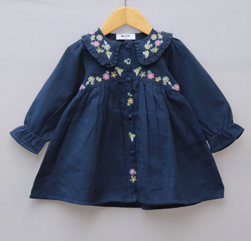 Navy Blue Cotton Frock with Floral Embroidery &amp; Ruffled Collar