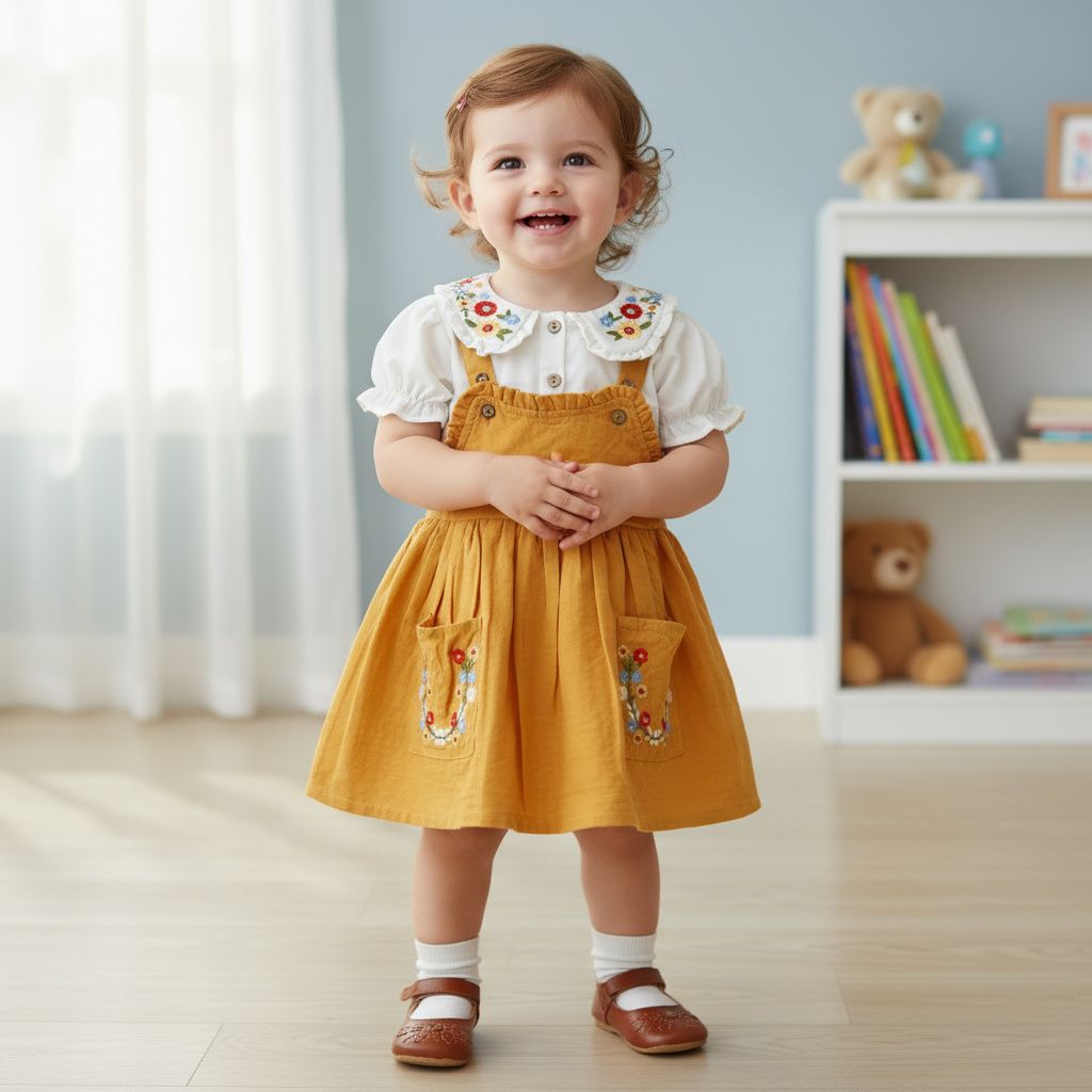 Mustard Embroidered Dungaree Dress.