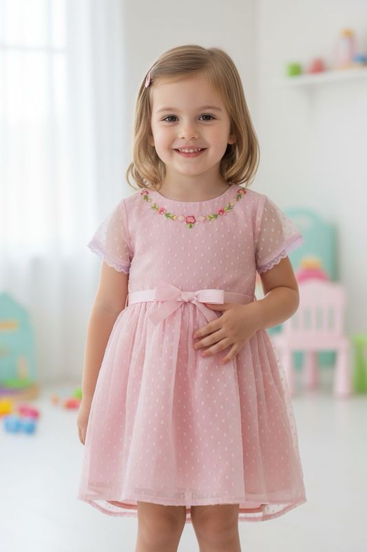 ​Pink Embroidered Net Party Frock for Baby Girls