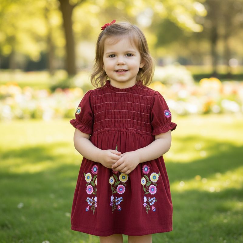 Maroon Embroidered Cotton Frock.