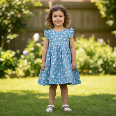 Blue Floral Printed Cotton Frock for Girls