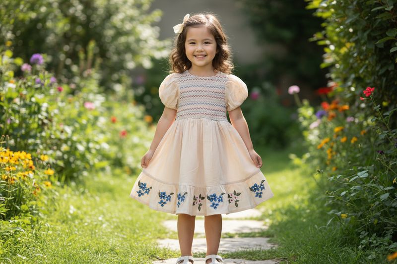 Cream Embroidered Cotton Frock