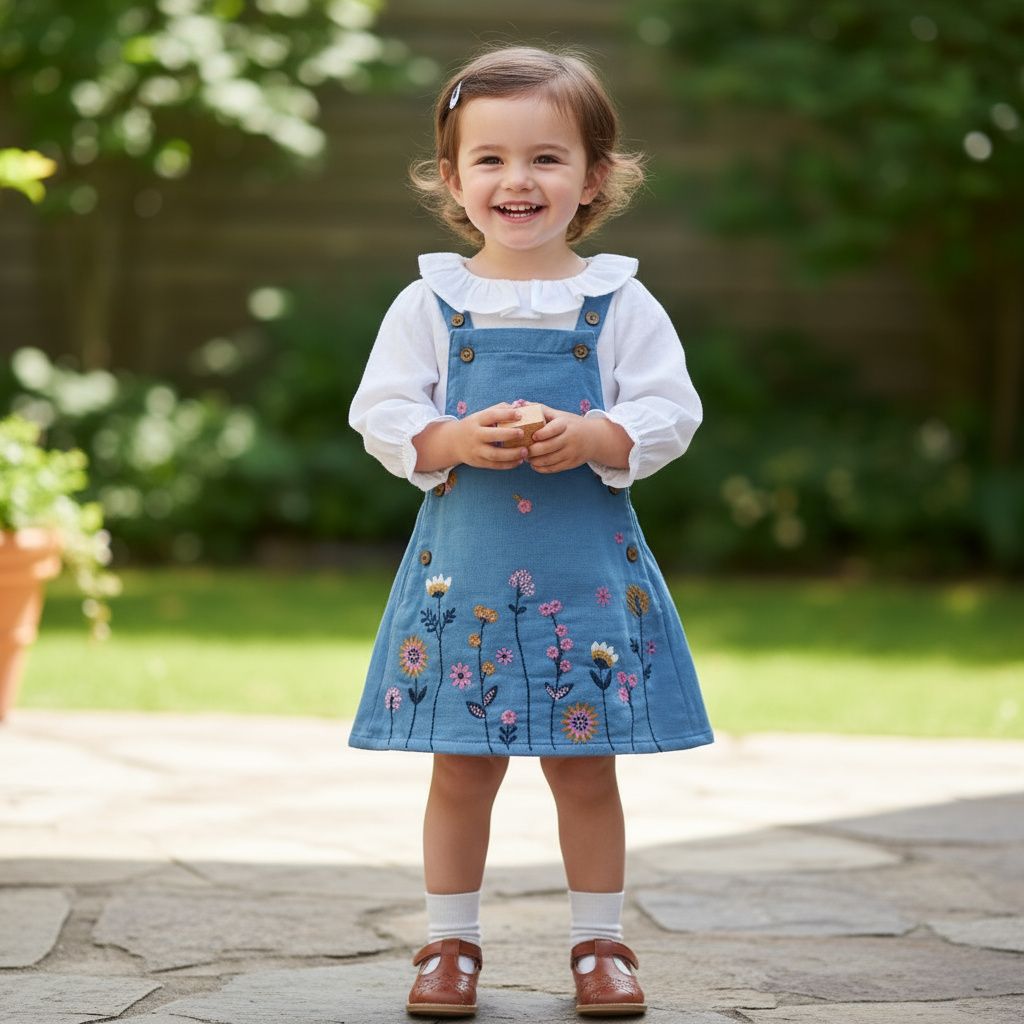 Blue Embroidered Denim Pinafore Dress
