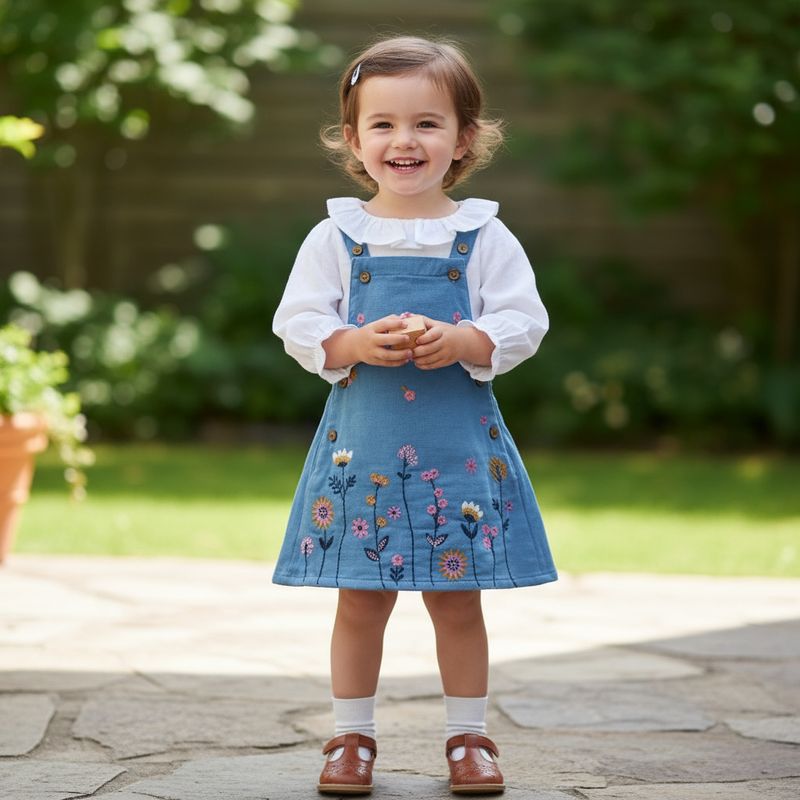 Blue Embroidered Denim Pinafore Dress