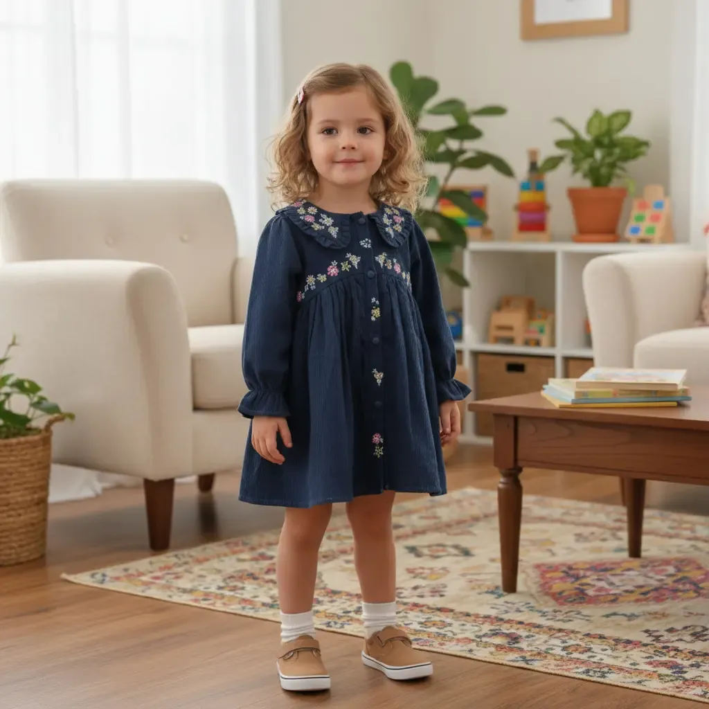 Navy Blue Cotton Frock with Floral Embroidery &amp; Ruffled Collar