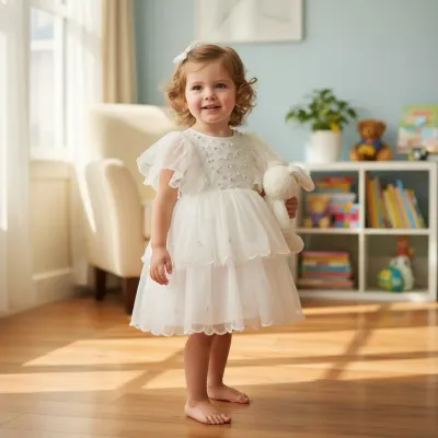 White Layered Net Party Frock for Girls – Floral Embroidered Design