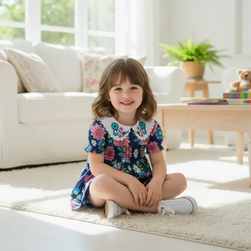 Navy Blue Floral Printed Cotton Baby Frock with Embroidered Collar