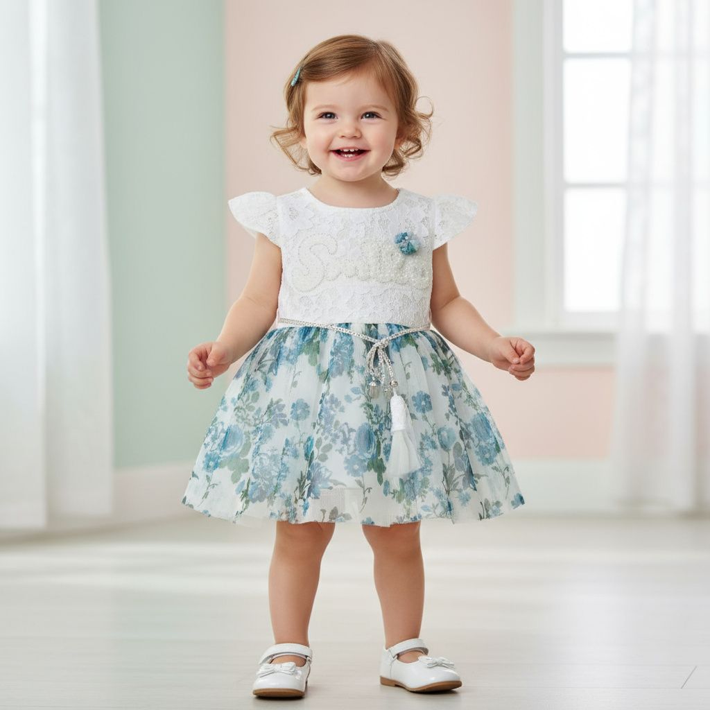 ​White &amp; Blue Floral Lace Party Frock for Girls