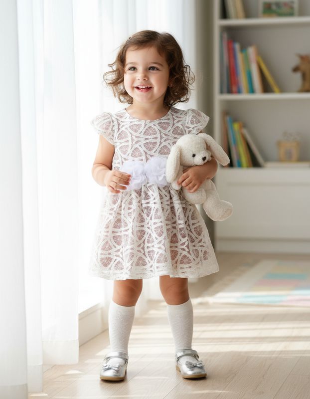 White Lace Party Dress with Floral Waist Detail