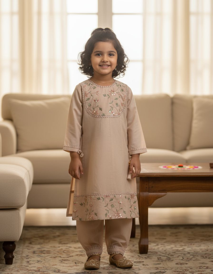 Elegant  nut-brown Embroidered Kurta with  Payjama Set for Baby