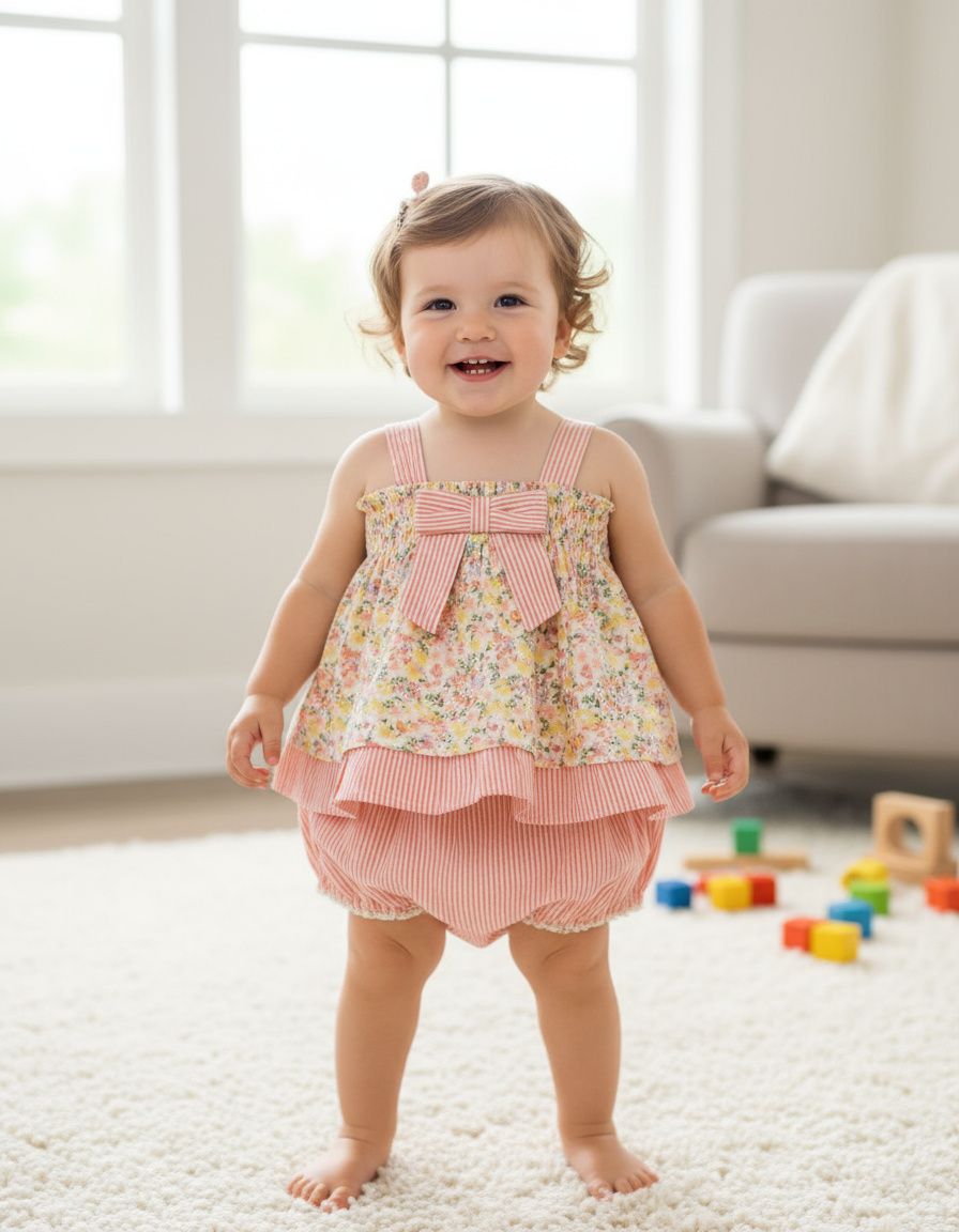 Floral Printed Cotton Top with Striped Bloomer Set for Baby Girls