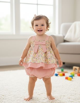 Floral Printed Cotton Top with Striped Bloomer Set for Baby Girls