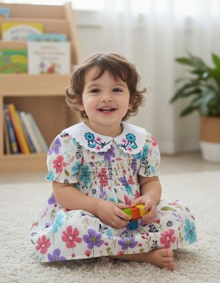 Floral Printed Cotton Frock with Embroidered Collar