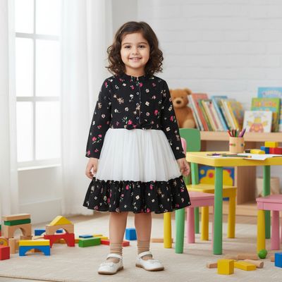 Black Floral &amp; White Layered Party Frock for Girls