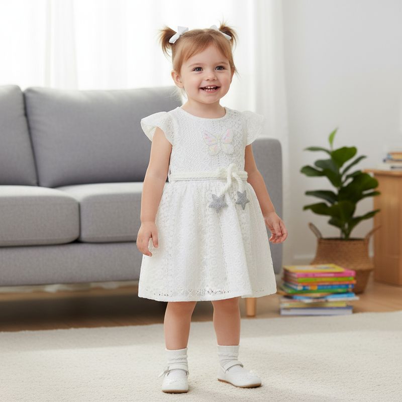 White cream Lace Party Wear Frock for Girls | Elegant Butterfly &amp; Star Design