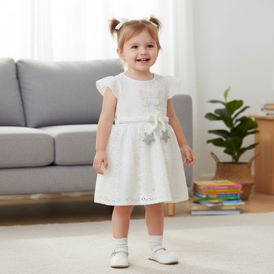 White cream Lace Party Wear Frock for Girls | Elegant Butterfly &amp; Star Design