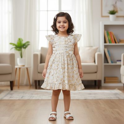 White and Golden Floral Print Party Frock White and Golden Floral Print Party Frock