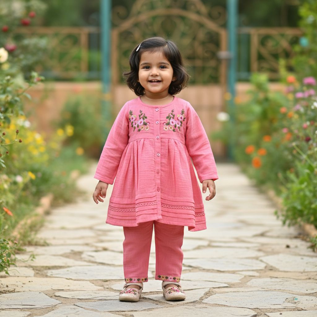 Peach Floral Embroidered Cotton Kurti &amp; Pant Set for Girls